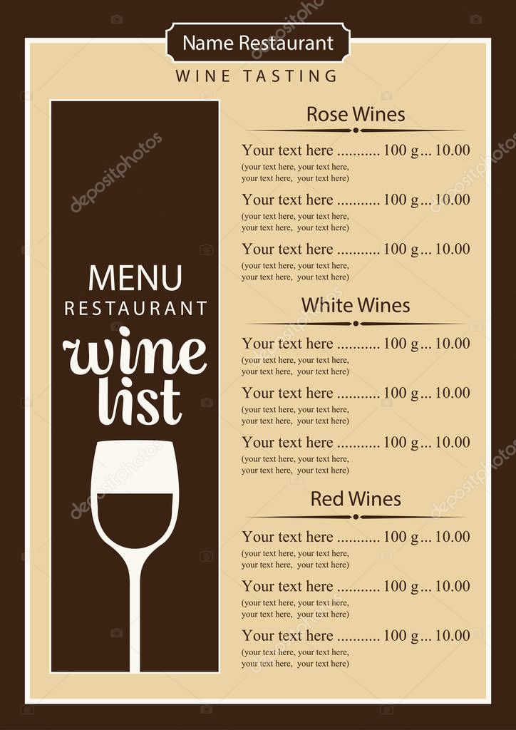 Menu de la carte des vins avec verre de vin et le prix de 