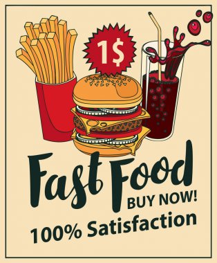 lokanta afiş cola, hamburger ve patates kızartması ile