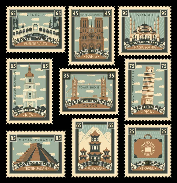 Set of stamps with architectural historical sites — Stock Vector