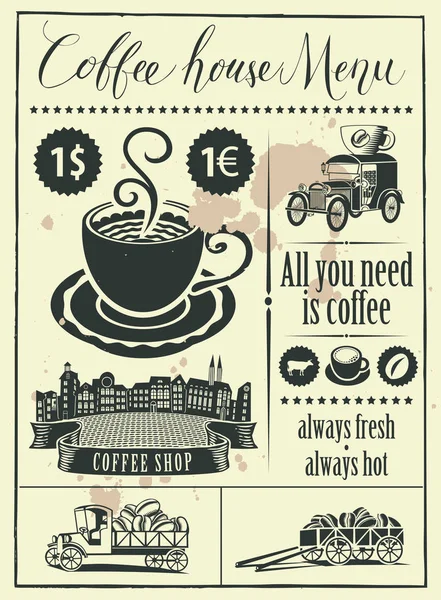 Retro afiş ile bir fincan kahve ve vintage arabalar — Stok Vektör