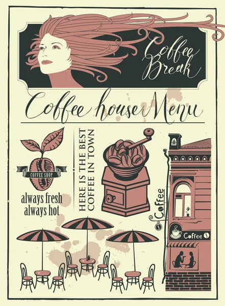 与女孩和街道咖啡馆的咖啡主题横幅 — 图库矢量图片