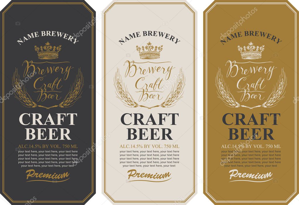 Set of three beer labels with wheat ears, handwritten inscriptions, crown and place for text. Vector labels or banners for craft beer and brewery in retro style