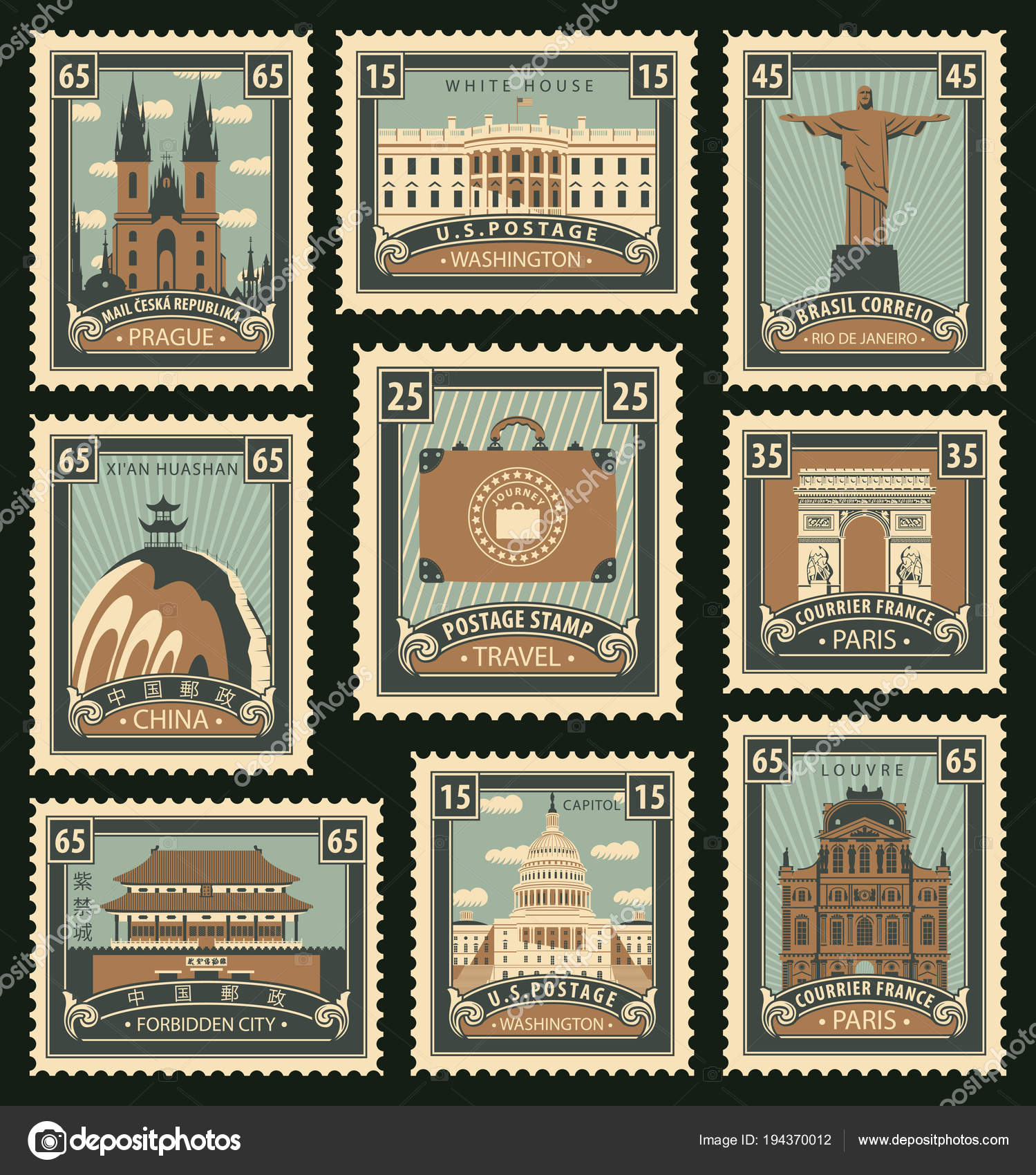 Set of postage stamps on the travel theme Stock Vector by ©paseven 194370012