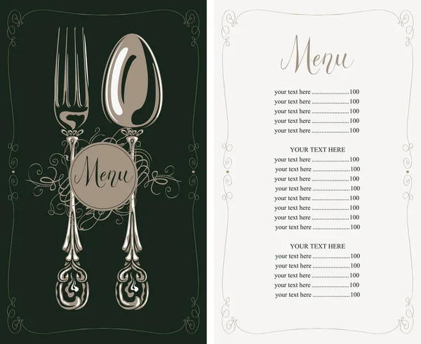 Menu restaurant avec liste de prix, fourchette et cuillère — Image vectorielle