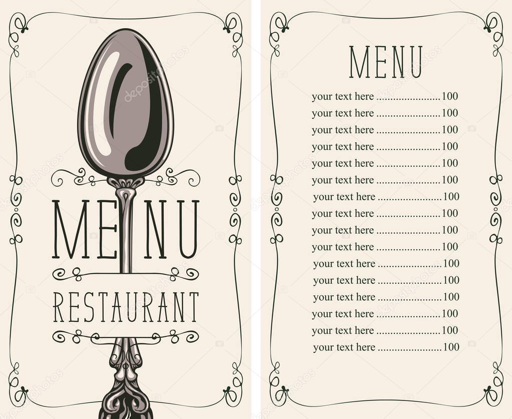 restaurant menu with price list and spoon