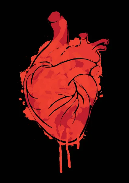 Watercolor human heart with splashes of blood — Stock Vector