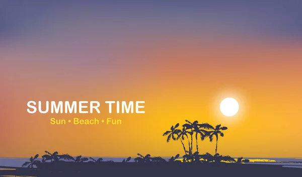 Letní tropická krajina s dlaní při západu slunce — Stockový vektor