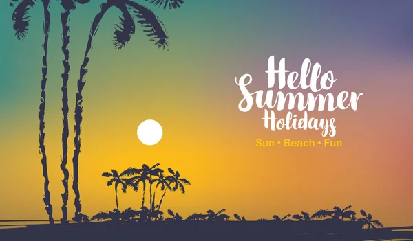 Marina tropical de verão com palmeiras ao pôr do sol — Vetor de Stock