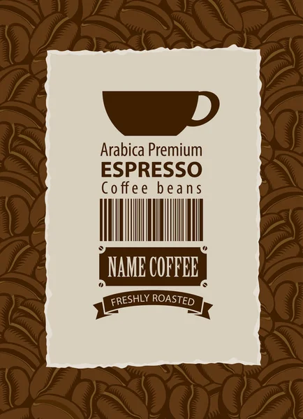 Etiqueta para granos de café con taza y código de barras — Vector de stock