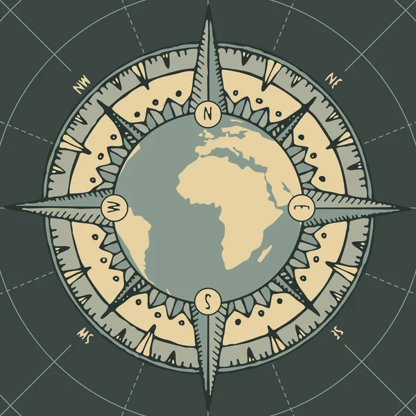 Planety Ziemia z róża wiatrów i stary kompas — Wektor stockowy