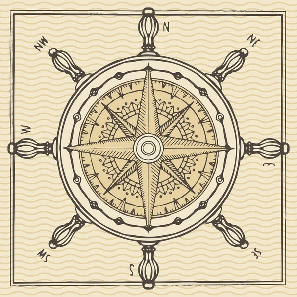 Banner z róża wiatrów, stary kompas i koło statku — Wektor stockowy