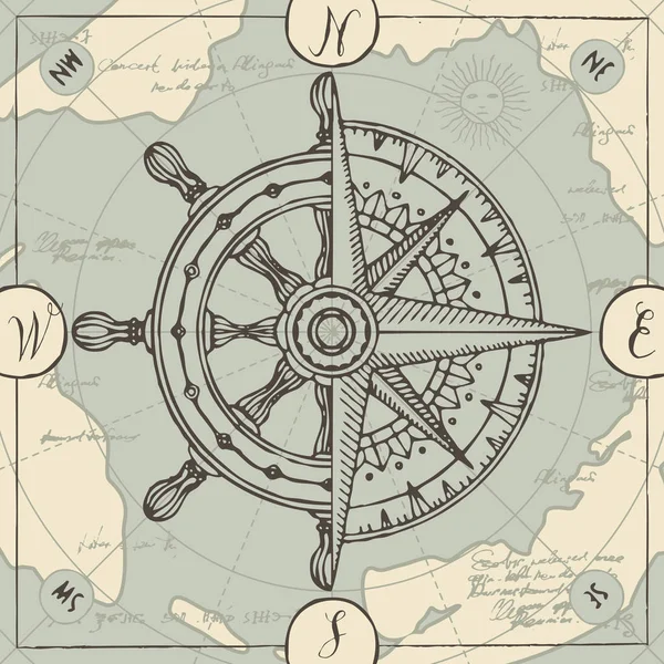 Bannière avec rose des vents, vieille boussole et roue du navire — Image vectorielle