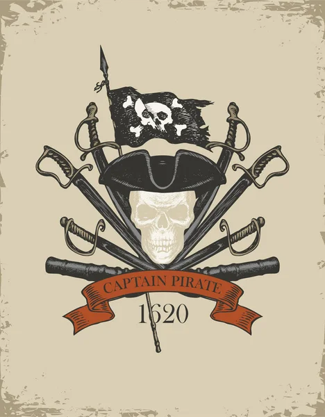 Retro banner with pirate skull, sabers and cannons — Stock Vector