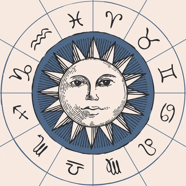 Krąg znaków zodiaku z ręcznie rysowanym słońcem — Wektor stockowy