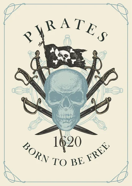 Banner retro com crânio pirata, sabres e bandeira — Vetor de Stock