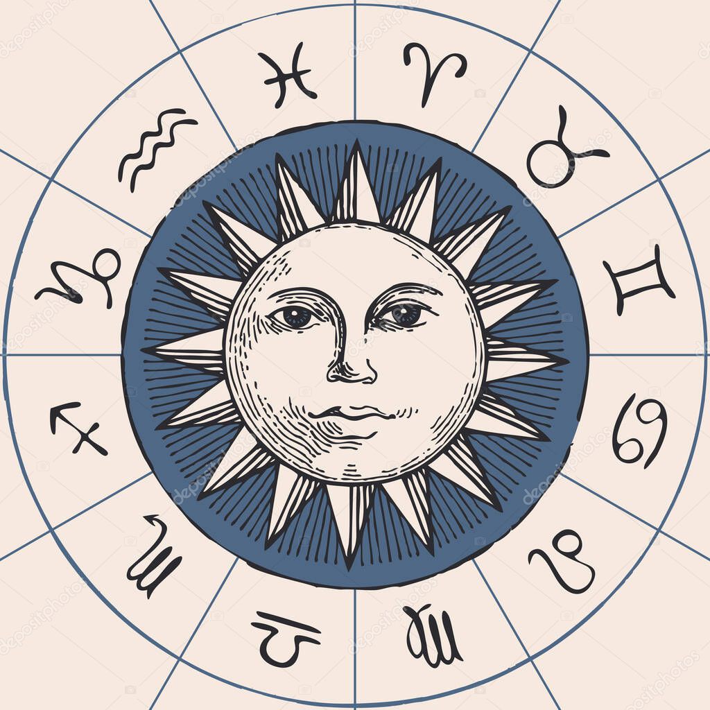 circle of zodiac signs with hand drawn sun