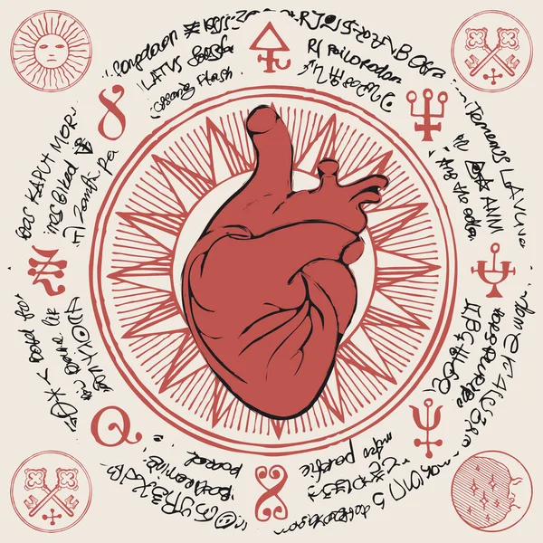 Banner con corazón humano rojo y viejos símbolos mágicos — Archivo Imágenes Vectoriales