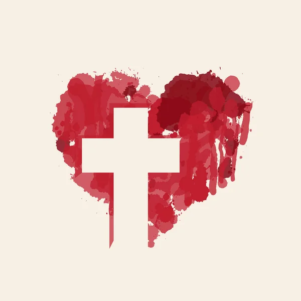 Croix chrétienne dans le cœur rouge abstrait à l'intérieur — Image vectorielle
