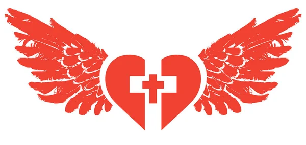 Cruz cristiana dentro del corazón rojo con alas — Vector de stock