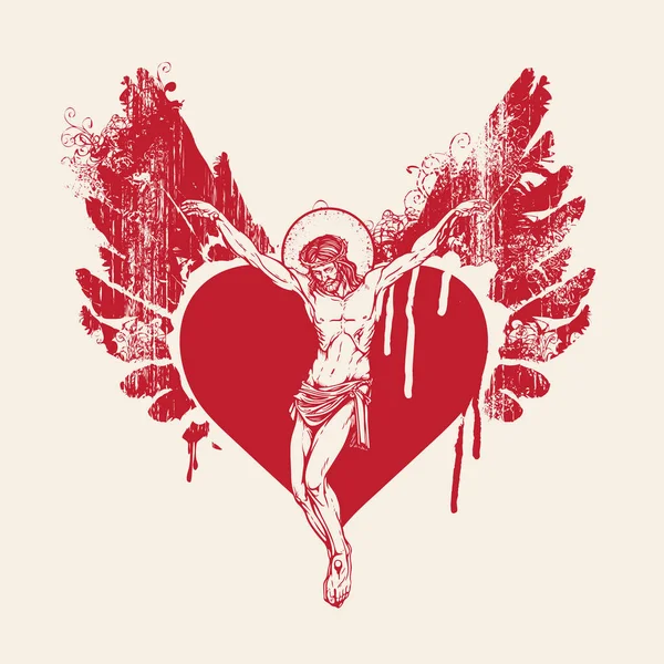 Crucifié Jésus-Christ sur le cœur rouge avec des ailes — Image vectorielle