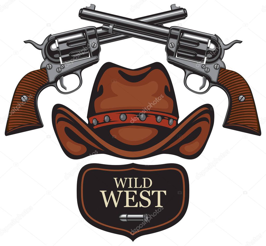 vector emblem with two old crossed revolvers