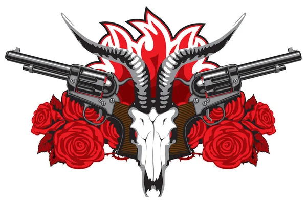 Estandarte con cráneo de cabra rosas rojas y pistolas — Vector de stock