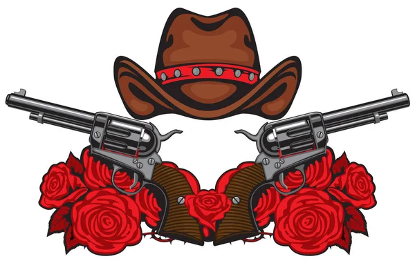 Estandarte con dos revólveres viejos, sombrero y rosas rojas — Archivo Imágenes Vectoriales