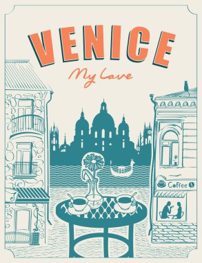 Venice street cafe with view of canal and gondola