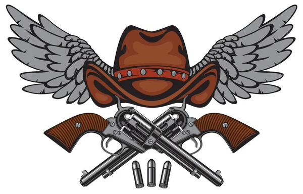 Банер з двома старими пістолетами, ковбойським капелюхом і крилами — стоковий вектор