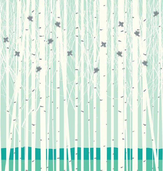 Seamless vector pattern with birch grove and birds — Stock Vector