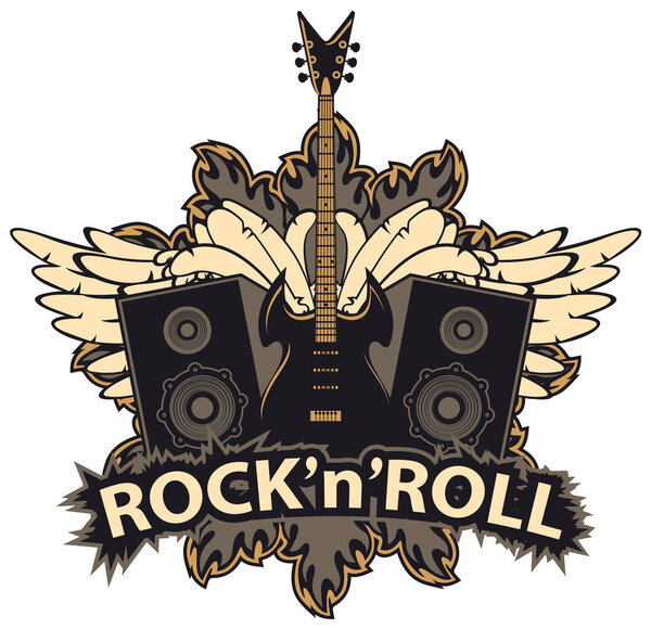рок-н-ролл баннер с гитарой, динамиками, крыльями

