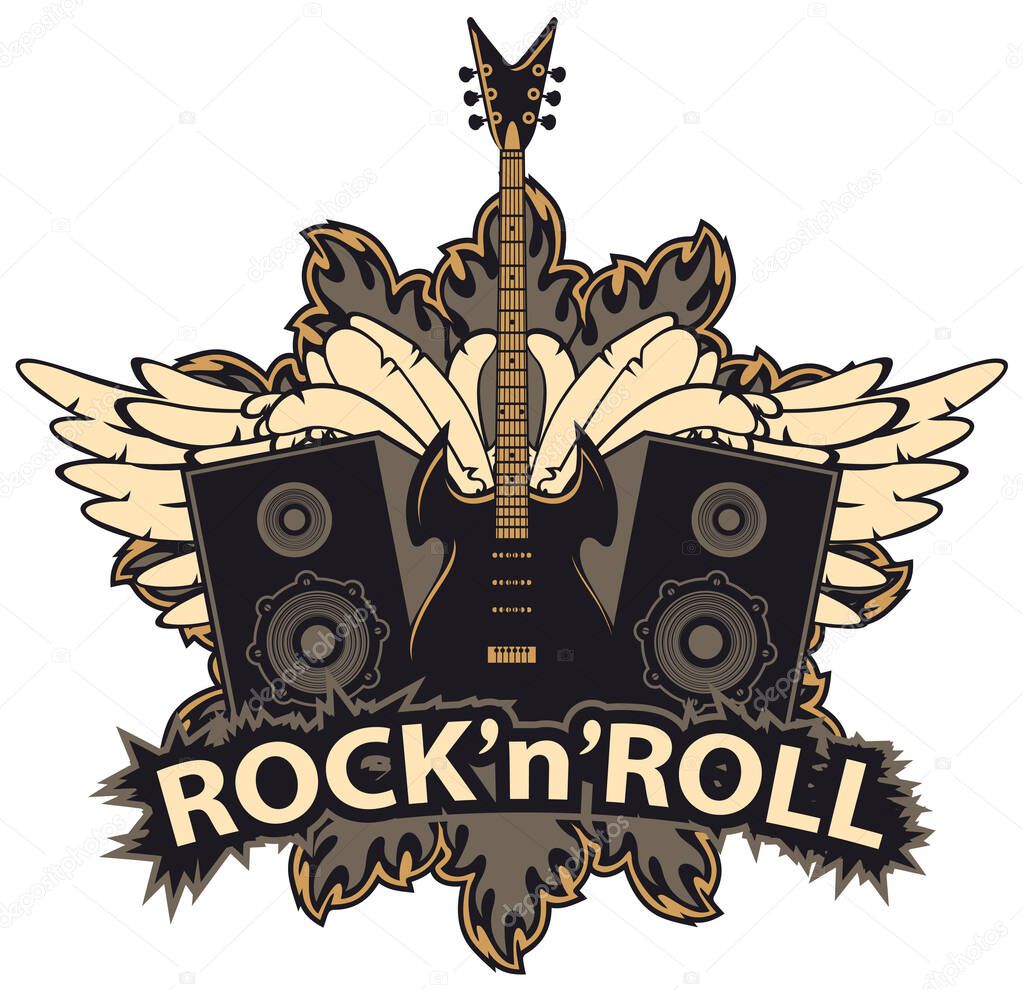 rock and roll banner with guitar, speakers, wings