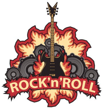 Gitar, hoparlör ve ateşle Rock 'n Roll afişi