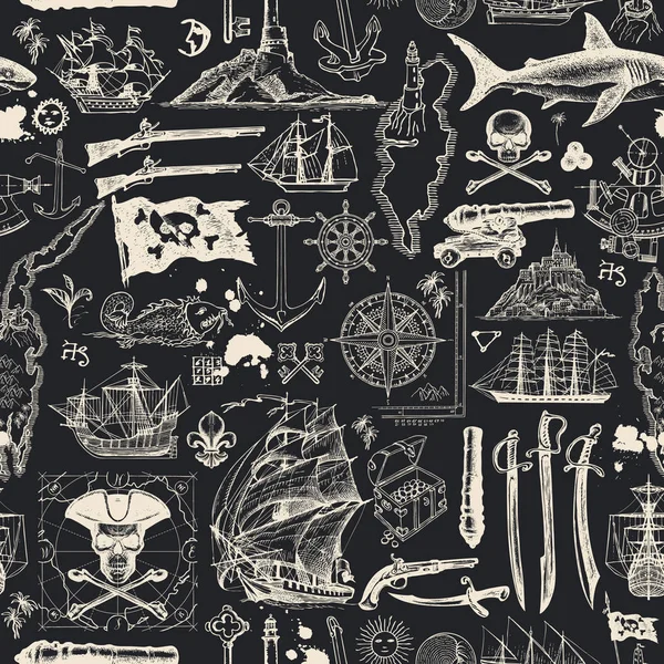 Patrón sin costuras en el tema pirata en estilo vintage — Archivo Imágenes Vectoriales