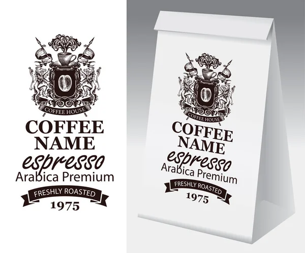 Paquet de papier vectoriel avec étiquette pour grains de café — Image vectorielle
