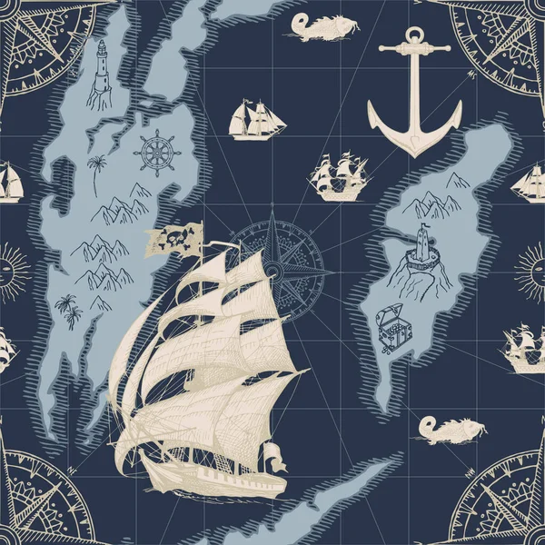 Patrón sin fisuras sobre el tema de los viajes y los piratas — Vector de stock