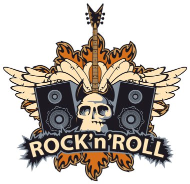 Kafatası, hoparlörü, kanatları olan rock and roll afişi