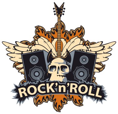 rock and roll banner with skull, speaker, wings clipart
