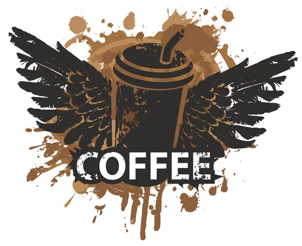 Banner vectorial con taza de café, paja y alas — Vector de stock