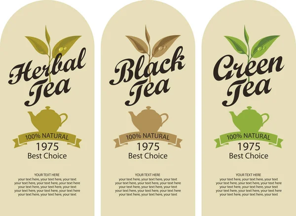 Bitkisel, siyah ve yeşil çay için etiketler. — Stok Vektör