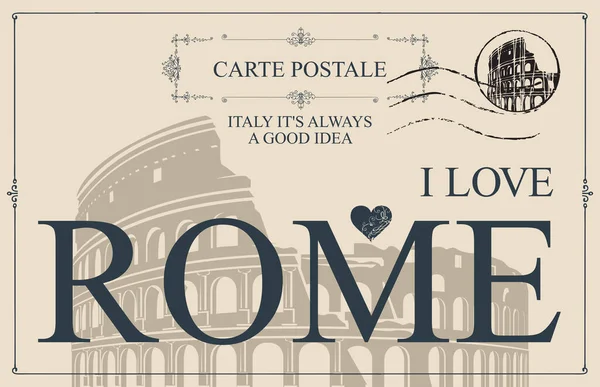 Carte postale vectorielle vintage avec des mots que j'aime Rome — Image vectorielle