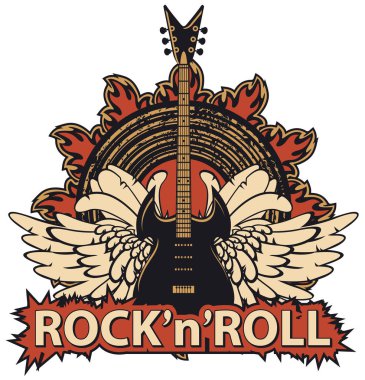 Gitarlı, kanatlı, hoparlörlü rock and roll afişi