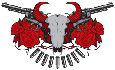 İki eski tabanca, kafatası ve güllerle pankart