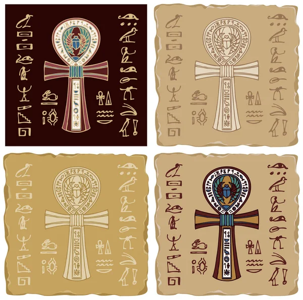 Pancartas con la Cruz de Ankh egipcia y jeroglíficos — Vector de stock