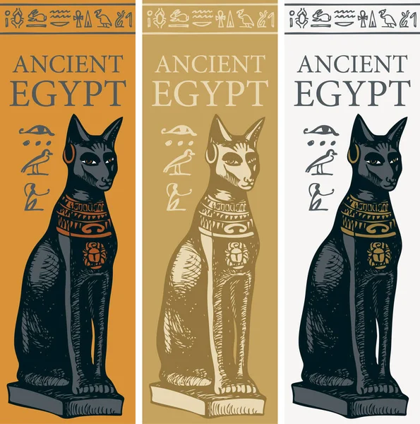 Banner mit ägyptischer Göttin bastet und Hieroglyphen — Stockvektor