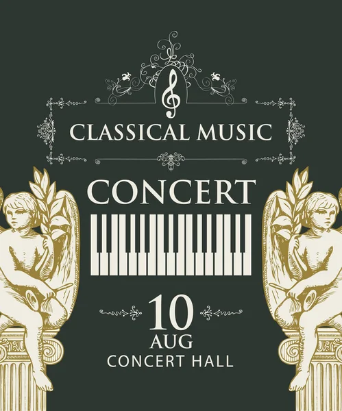 Poster per concerto musica classica con tasti per pianoforte e angeli — Vettoriale Stock