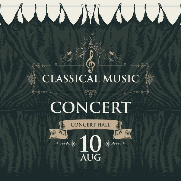 Poster voor klassieke muziek concert met podium gordijnen — Stockvector