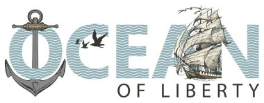 Harfli Okyanus yelkenli gemi, çapa ve martılarla