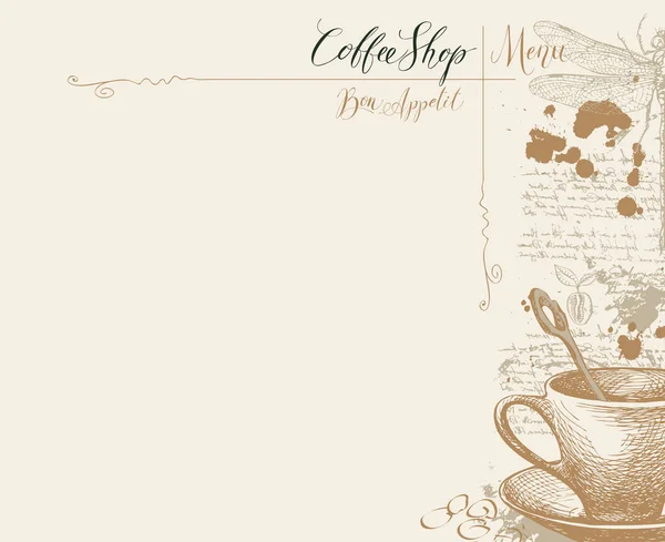 Menu voor koffiehuis met koffiekop en libelle — Stockvector