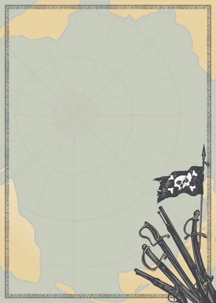 Resa bakgrund med vapen, pirat flagga och gammal karta — Stock vektor
